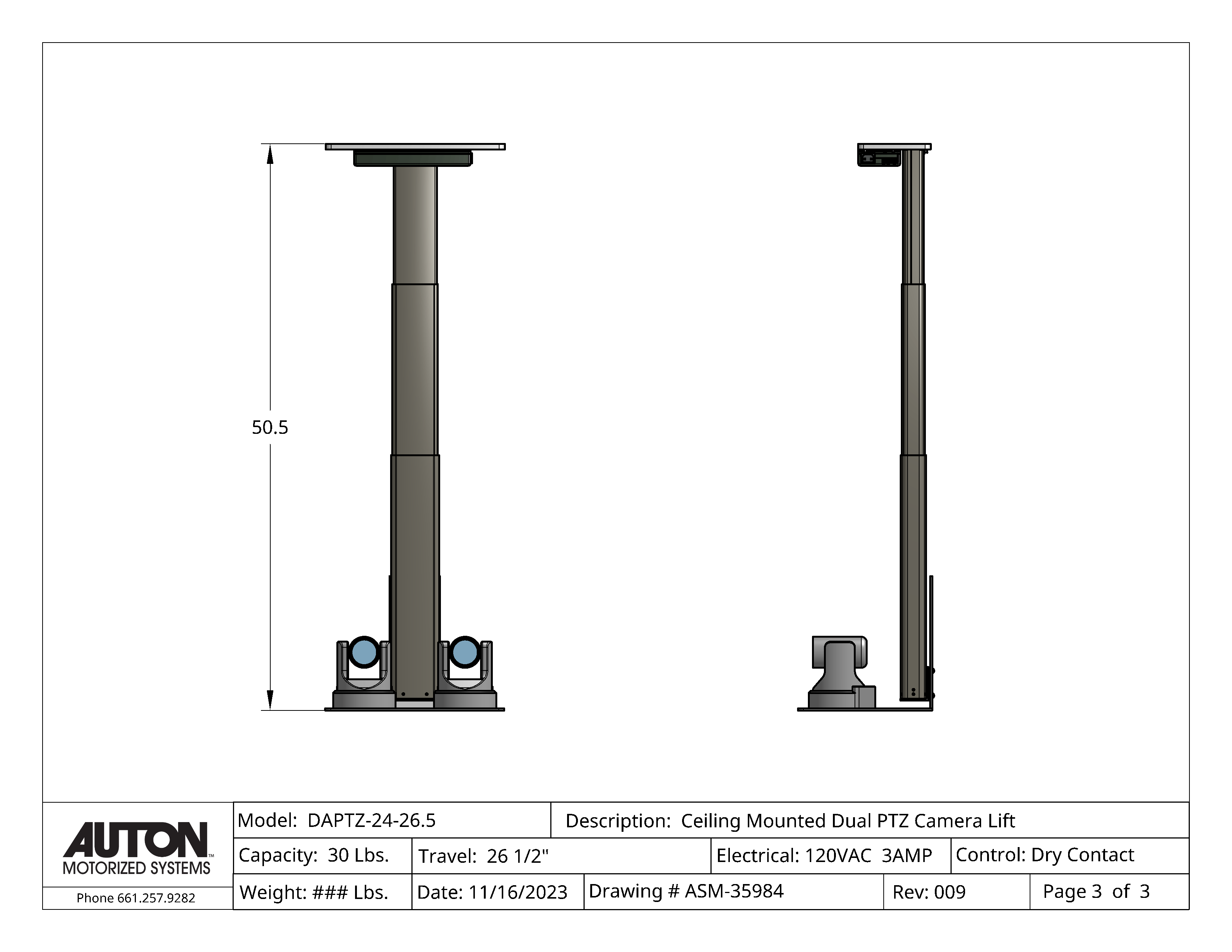 Dual PTZ Camera Lift - Ceiling Mounted - Travel: 26.5 Inches - Model DAPTZ-24-26.5