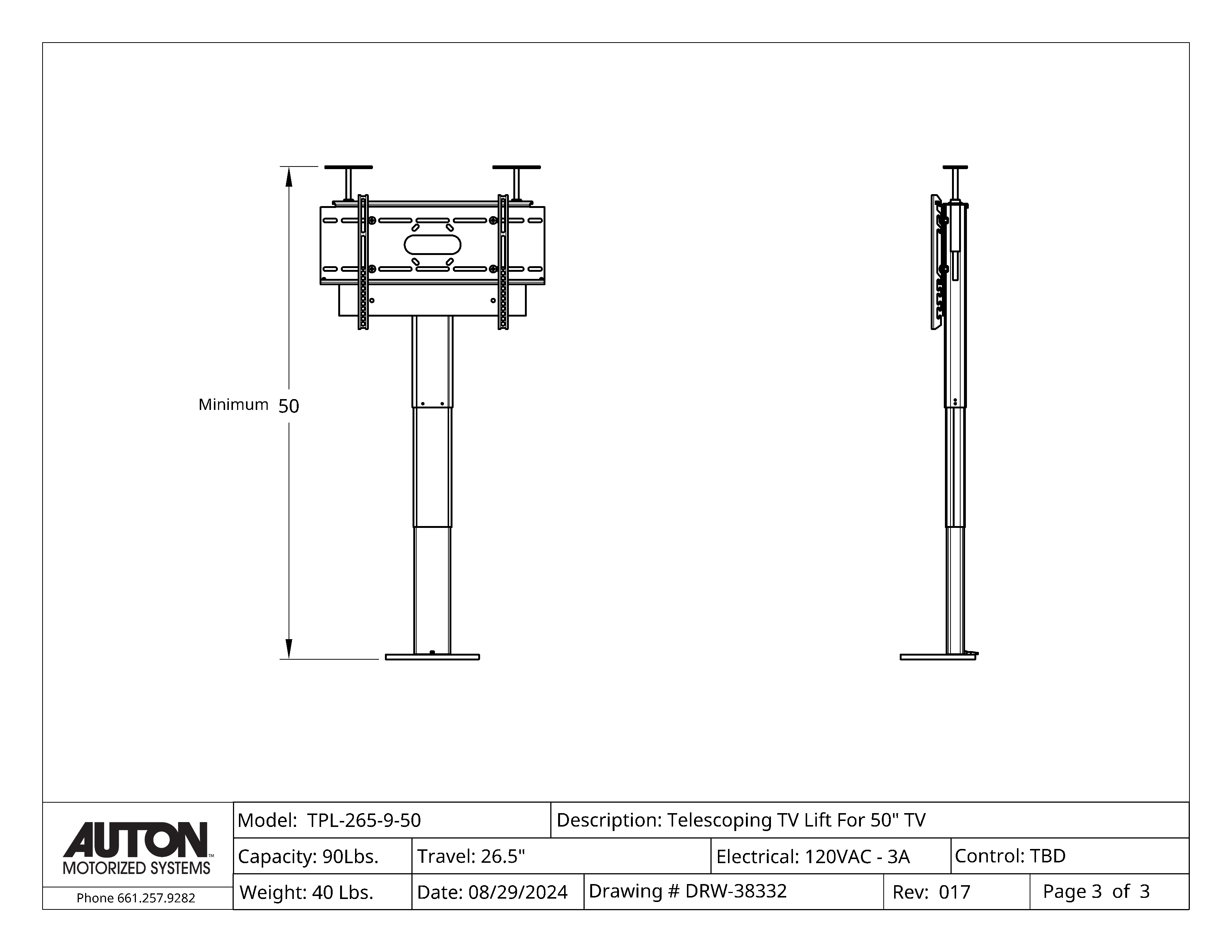 Model TPL-265-9-50 Cabinet TV Lift For A 50