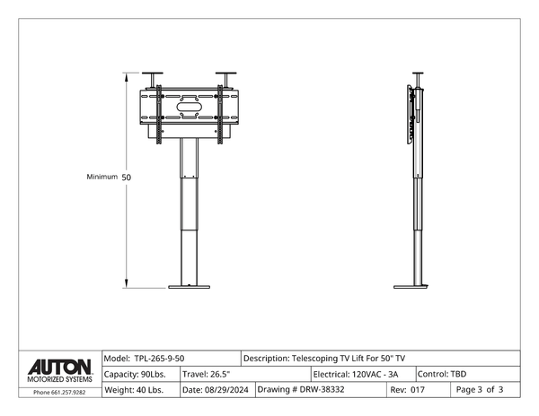 Model TPL-265-9-50 Cabinet TV Lift For A 50" TV