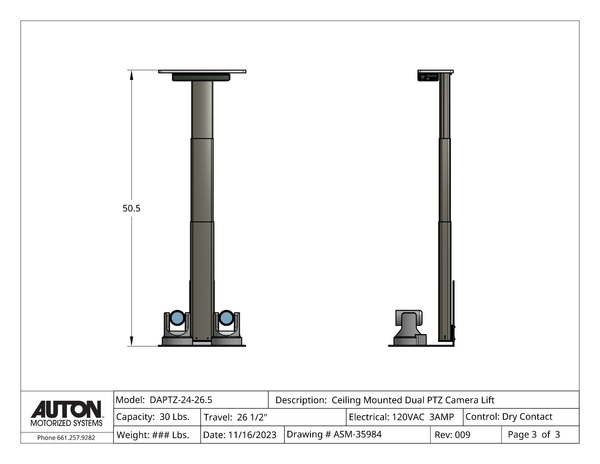 Dual PTZ Camera Lift - Ceiling Mounted - Travel: 26.5 Inches - Model DAPTZ-24-26.5