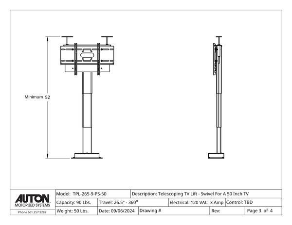 Model TPL-265-9-PS-50 Cabinet Mounted TV Lift-Swivel For A 50" TV