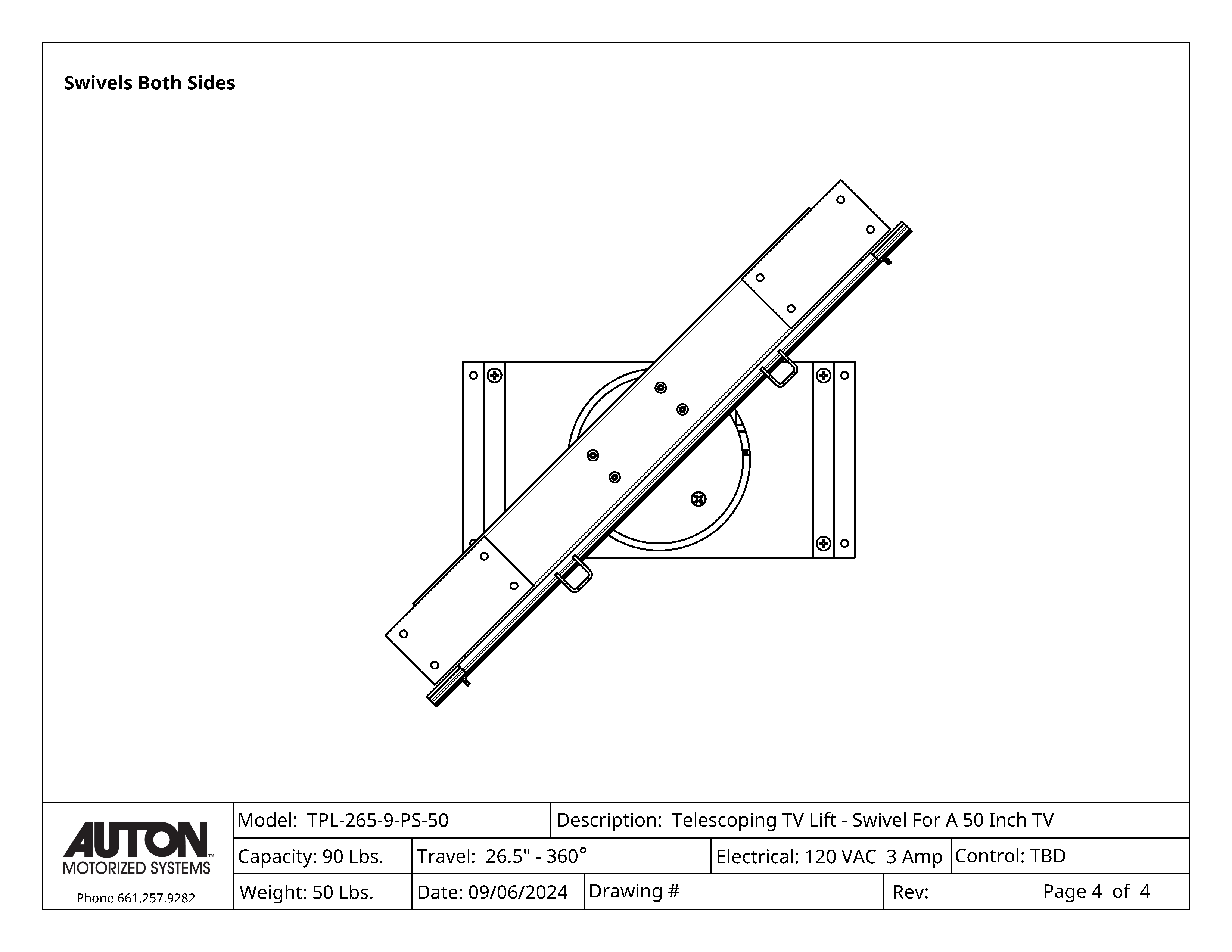 Model TPL-265-9-PS-50 Cabinet Mounted TV Lift-Swivel For A 50