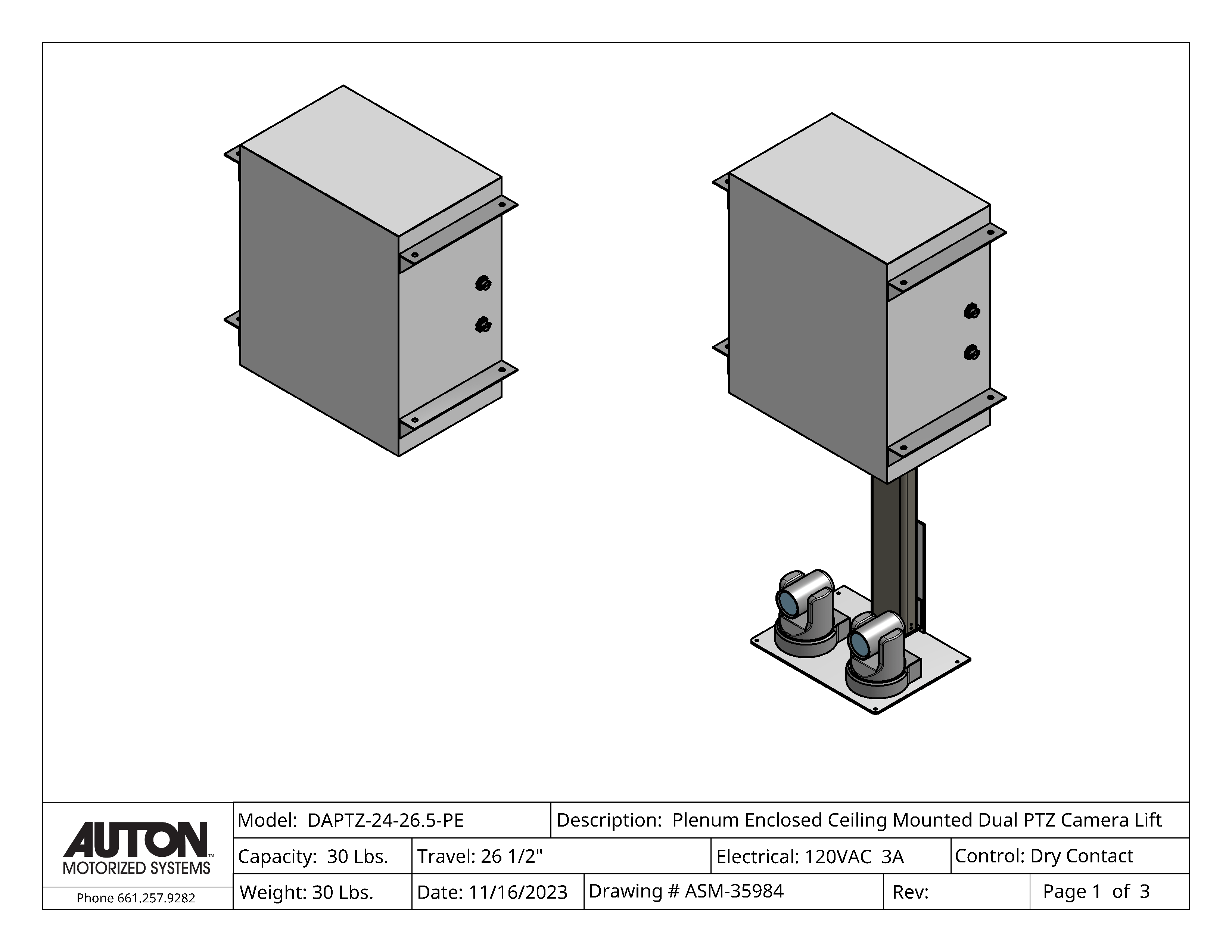 Plenum Enclosed Dual PTZ Camera Lift - Ceiling Mounted - Travel: 26.5 Inches - Model DAPTZ-24-26.5-PE