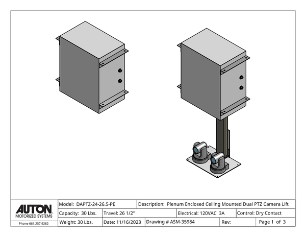 Plenum Enclosed Dual PTZ Camera Lift - Ceiling Mounted - Travel: 26.5 Inches - Model DAPTZ-24-26.5-PE