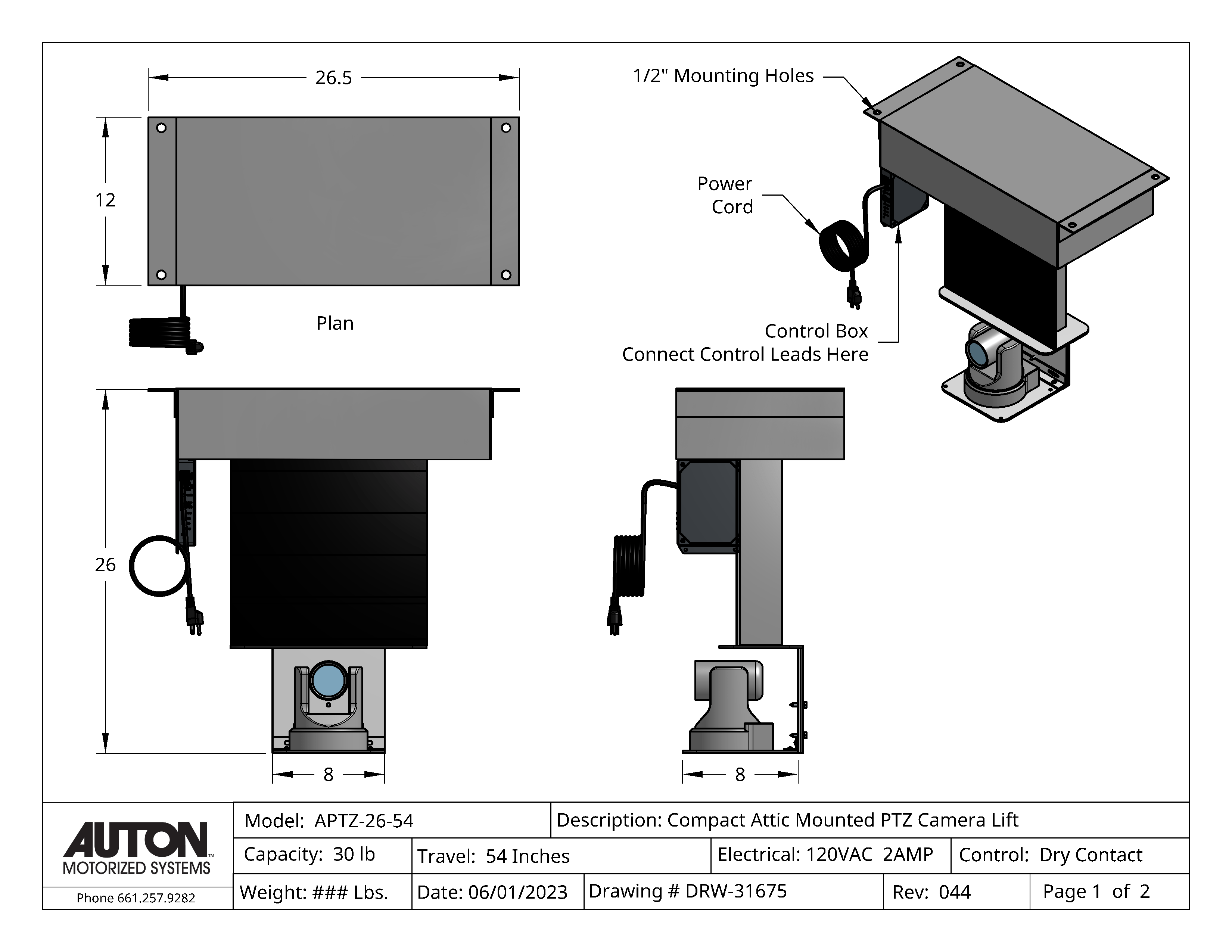 PTZ Camera Lift - Ceiling Mounted - Travel: 54 Inches - Model APTZ-26-54