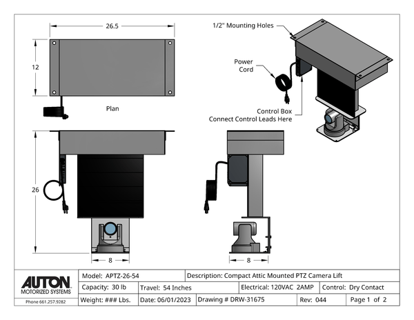 PTZ Camera Lift - Ceiling Mounted - Travel: 54 Inches - Model APTZ-26-54