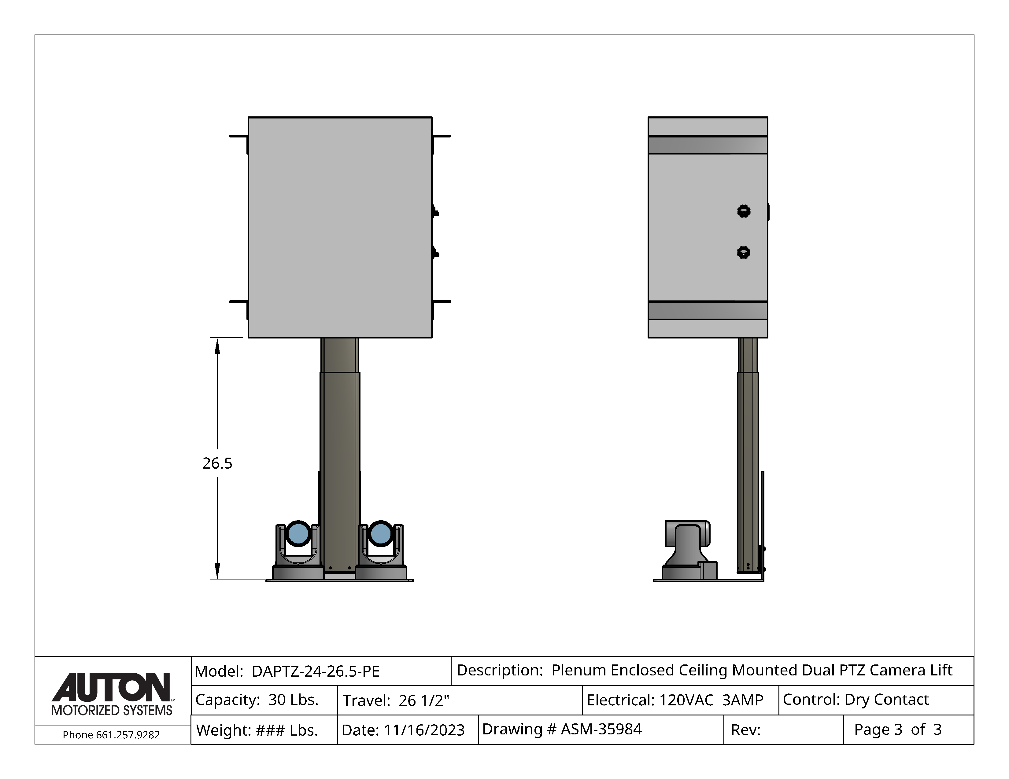 Plenum Enclosed Dual PTZ Camera Lift - Ceiling Mounted - Travel: 26.5 Inches - Model DAPTZ-24-26.5-PE