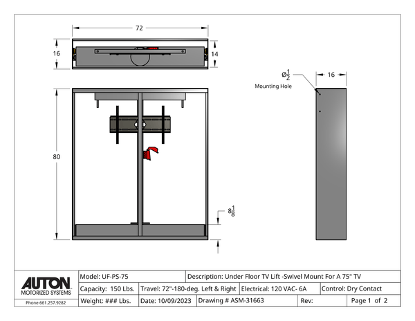 Model UF-PS-75 Under Floor Lift-Swivel For A 75" TV