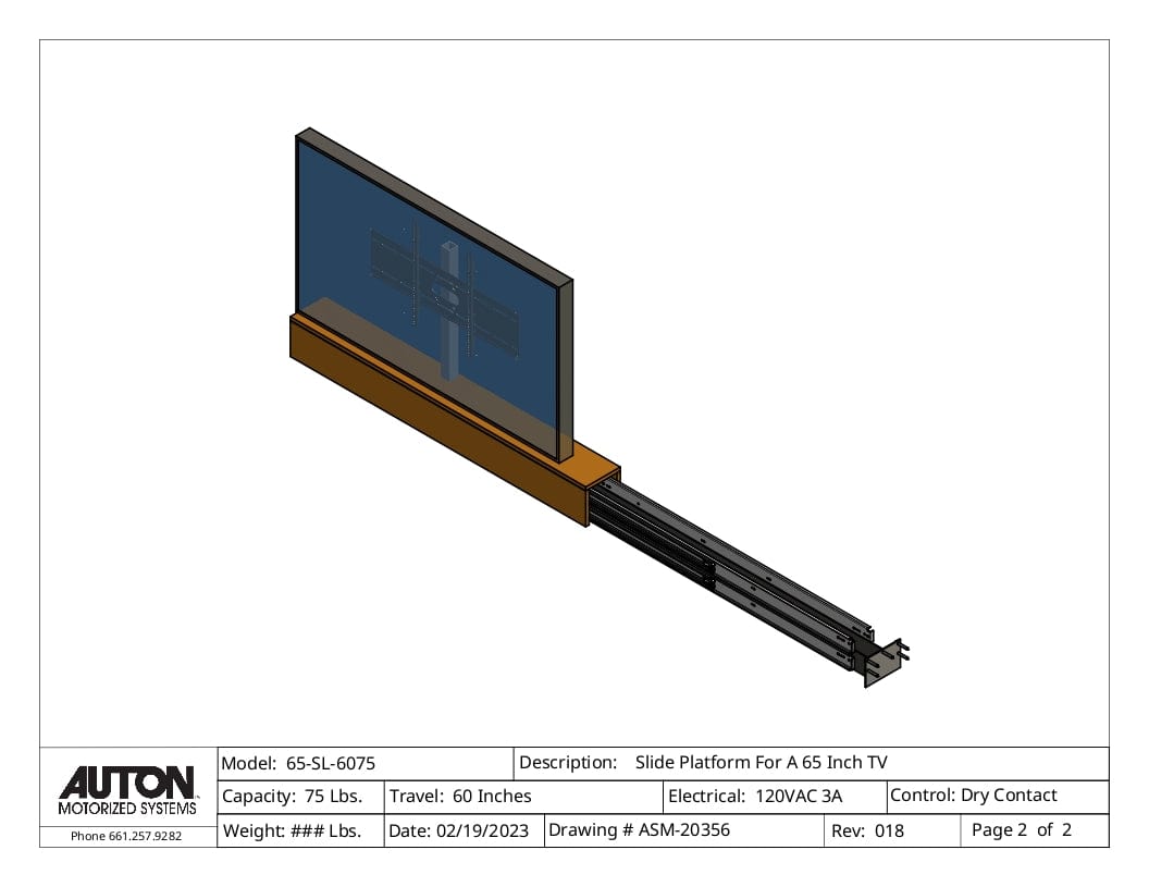 Slide Platform For A 65 Inch TV- Travel: 60 Inches - Capacity: 75 Pounds Optional: Swivel or Side Pivot - Auton Motorized Systems