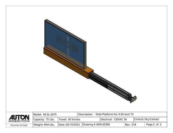 Slide Platform For A 65 Inch TV- Travel: 60 Inches - Capacity: 75 Pounds Optional: Swivel or Side Pivot - Auton Motorized Systems