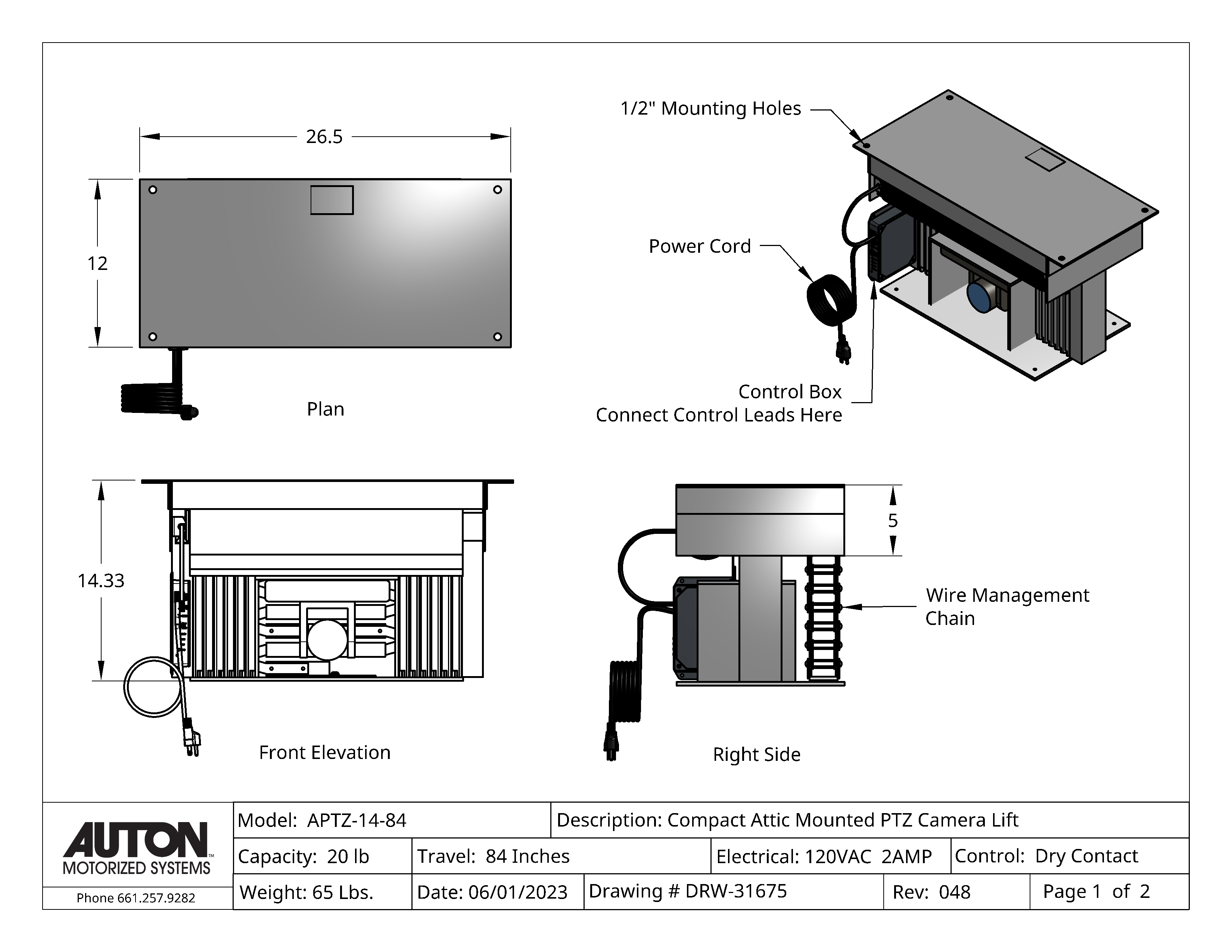 Ceiling Mounted PTZ Camera Lift - Travel 84 Inches