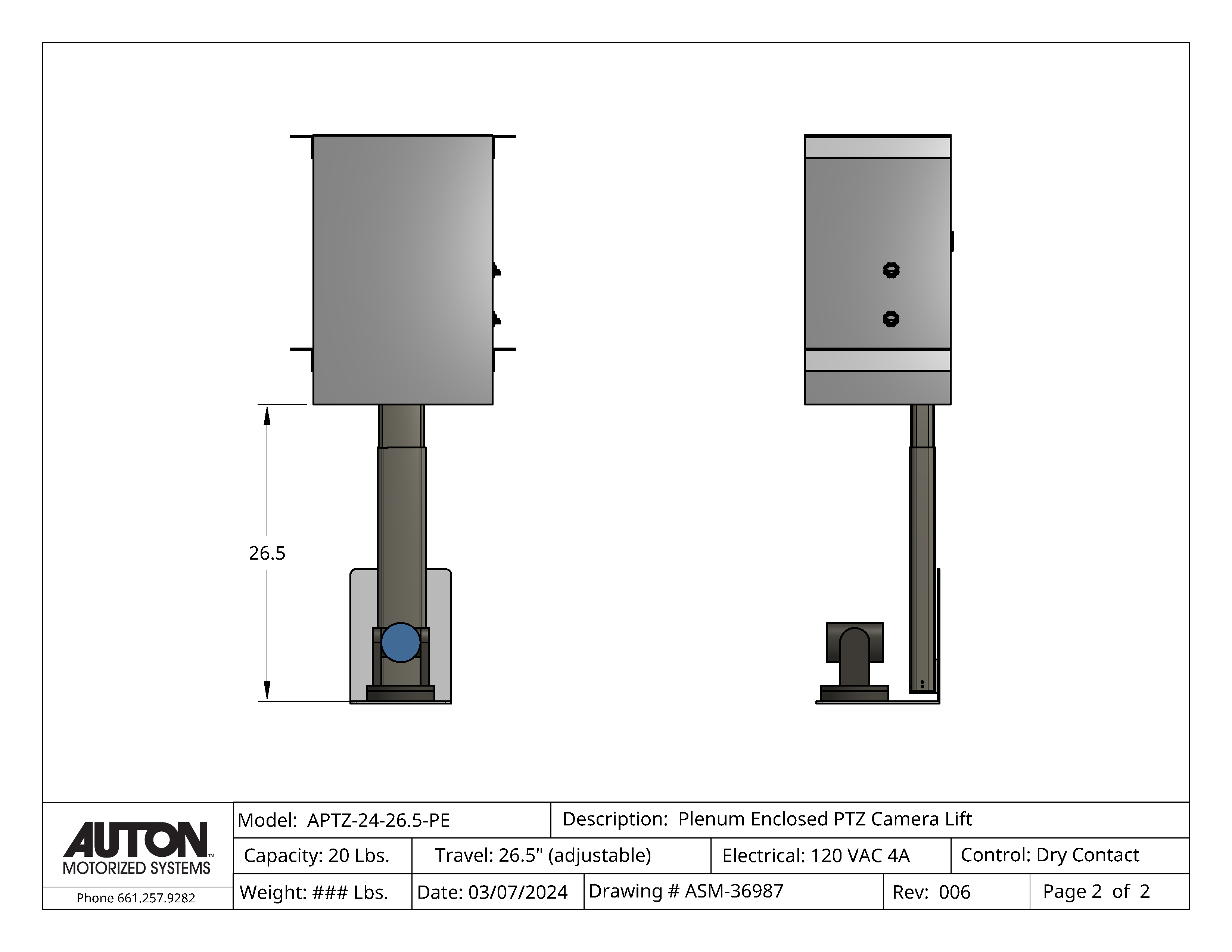 Plenum Enclosed PTZ Camera Lift - Ceiling Mounted - Travel: 26.5 Inches - Model APTZ-24-26.5-PE