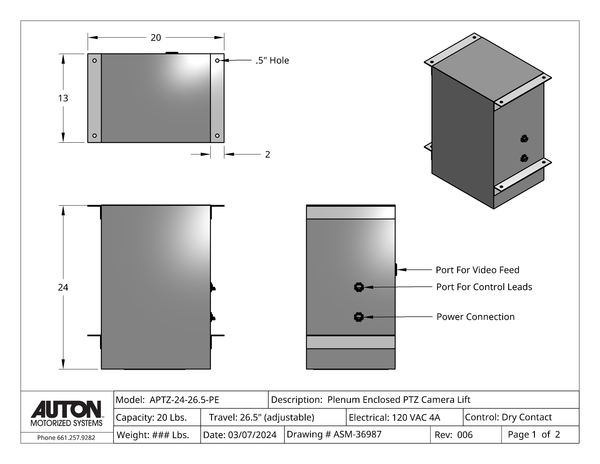 Plenum Enclosed PTZ Camera Lift - Ceiling Mounted - Travel: 26.5 Inches - Model APTZ-24-26.5-PE