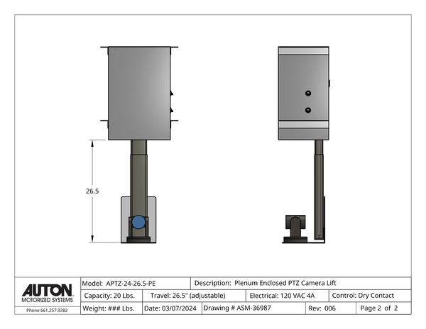 Plenum Enclosed PTZ Camera Lift - Ceiling Mounted - Travel: 26.5 Inches - Model APTZ-24-26.5-PE