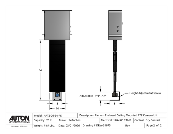 Ceiling Mounted Plenum Enclosed PTZ Camera Lift - Travel: 54 Inches