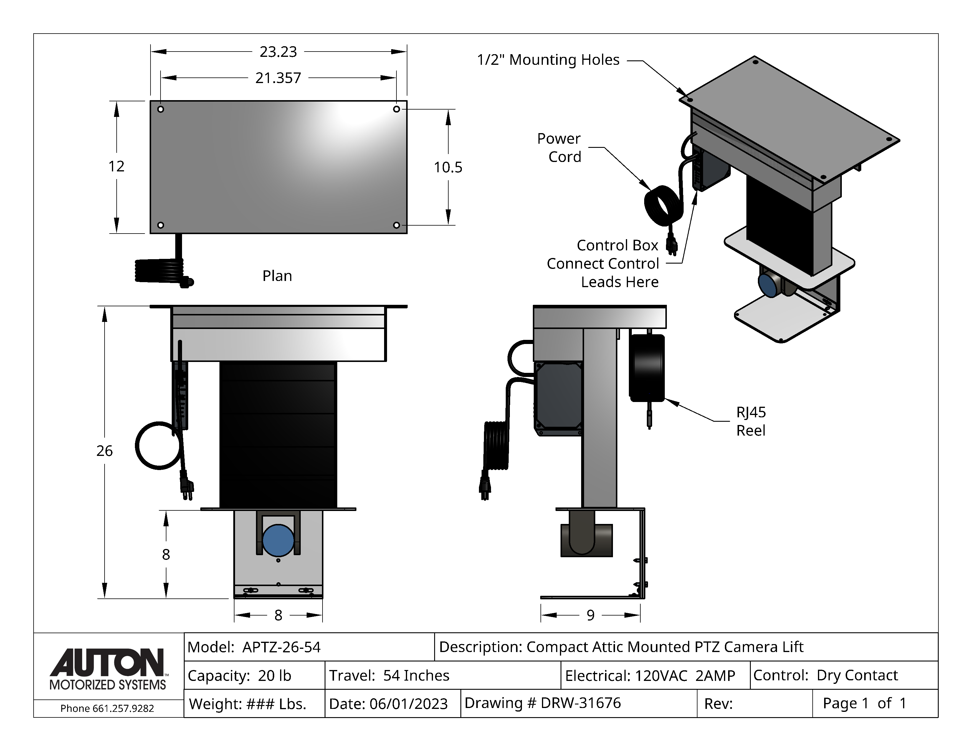 Ceiling Mounted PTZ Camera Lift - Travel 54 Inches