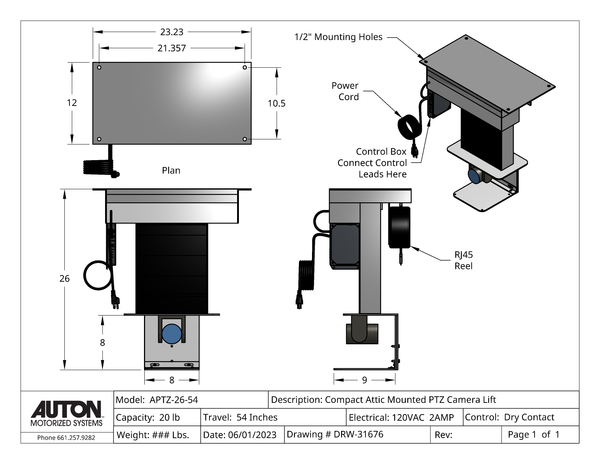 Ceiling Mounted PTZ Camera Lift - Travel 54 Inches