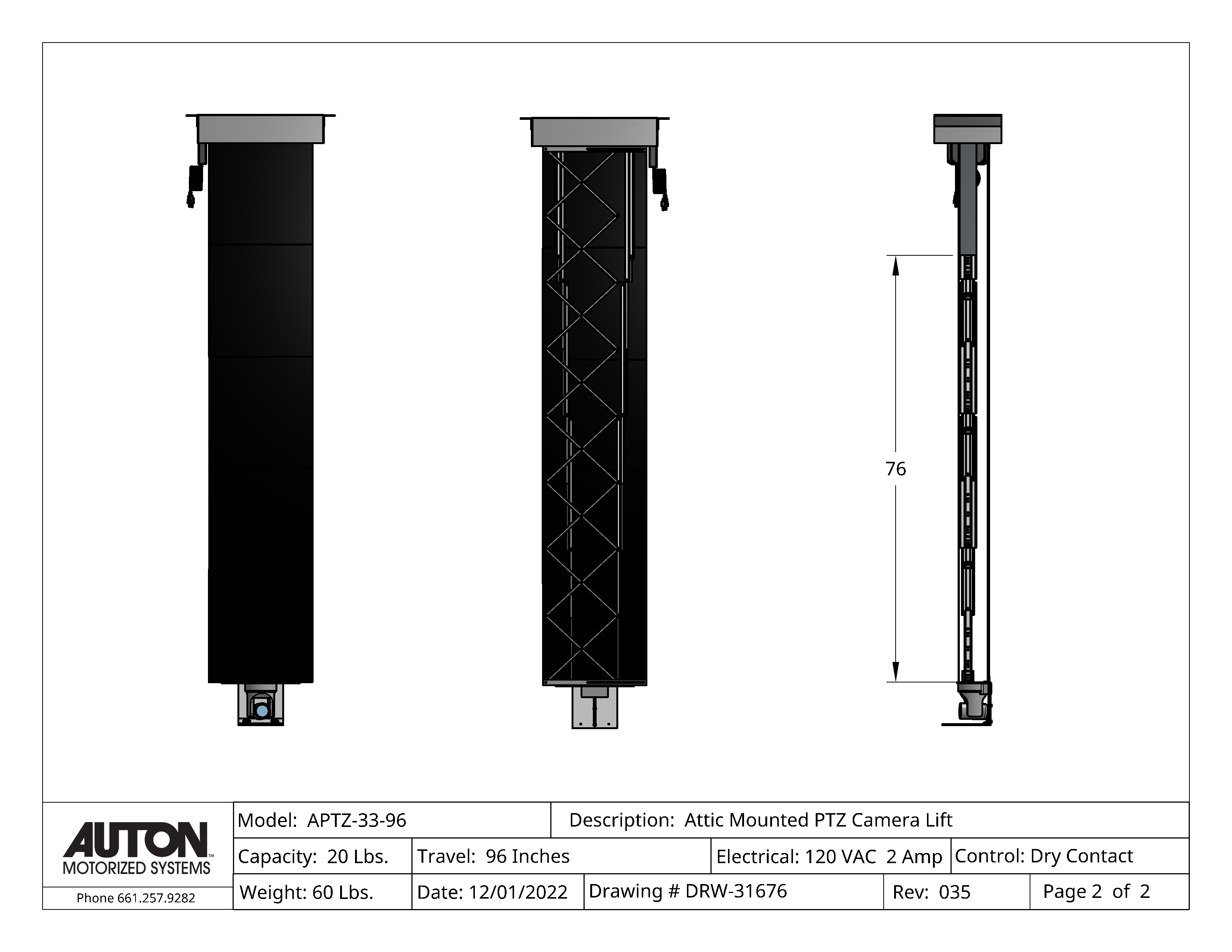 Ceiling Mounted PTZ Camera Lift - Travel: 96 Inches