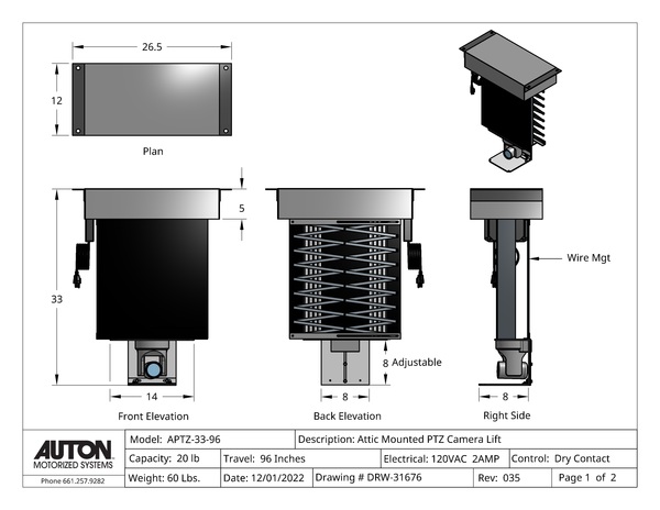 Ceiling Mounted PTZ Camera Lift - Travel: 96 Inches