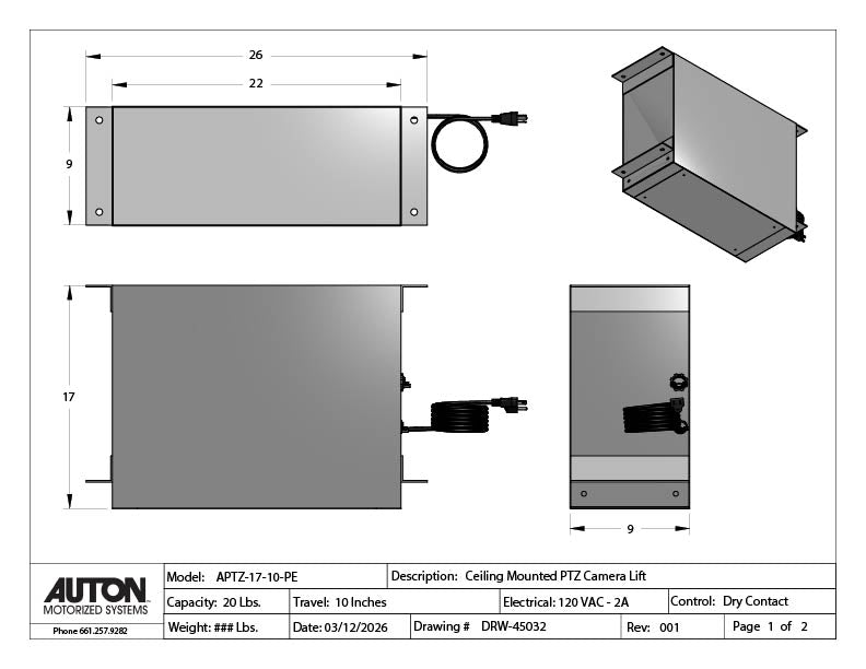 Ceiling Mounted Plenum Enclosed PTZ Camera Lift - Travel 10