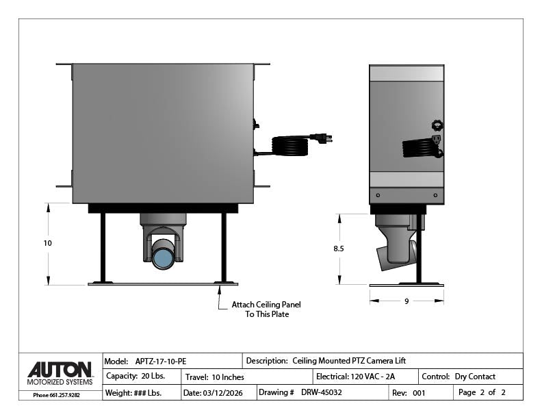 Ceiling Mounted Plenum Enclosed PTZ Camera Lift - Travel 10