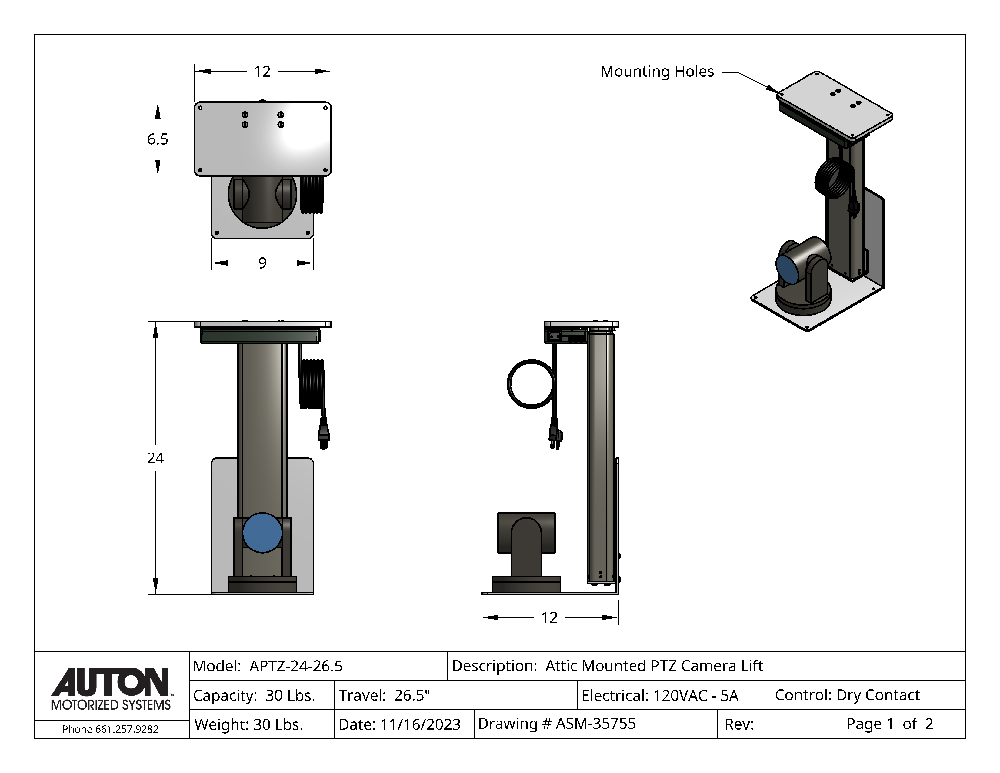 PTZ Camera Lift - Ceiling Mounted - Travel: 26.5 Inches - Model APTZ-24-26.5