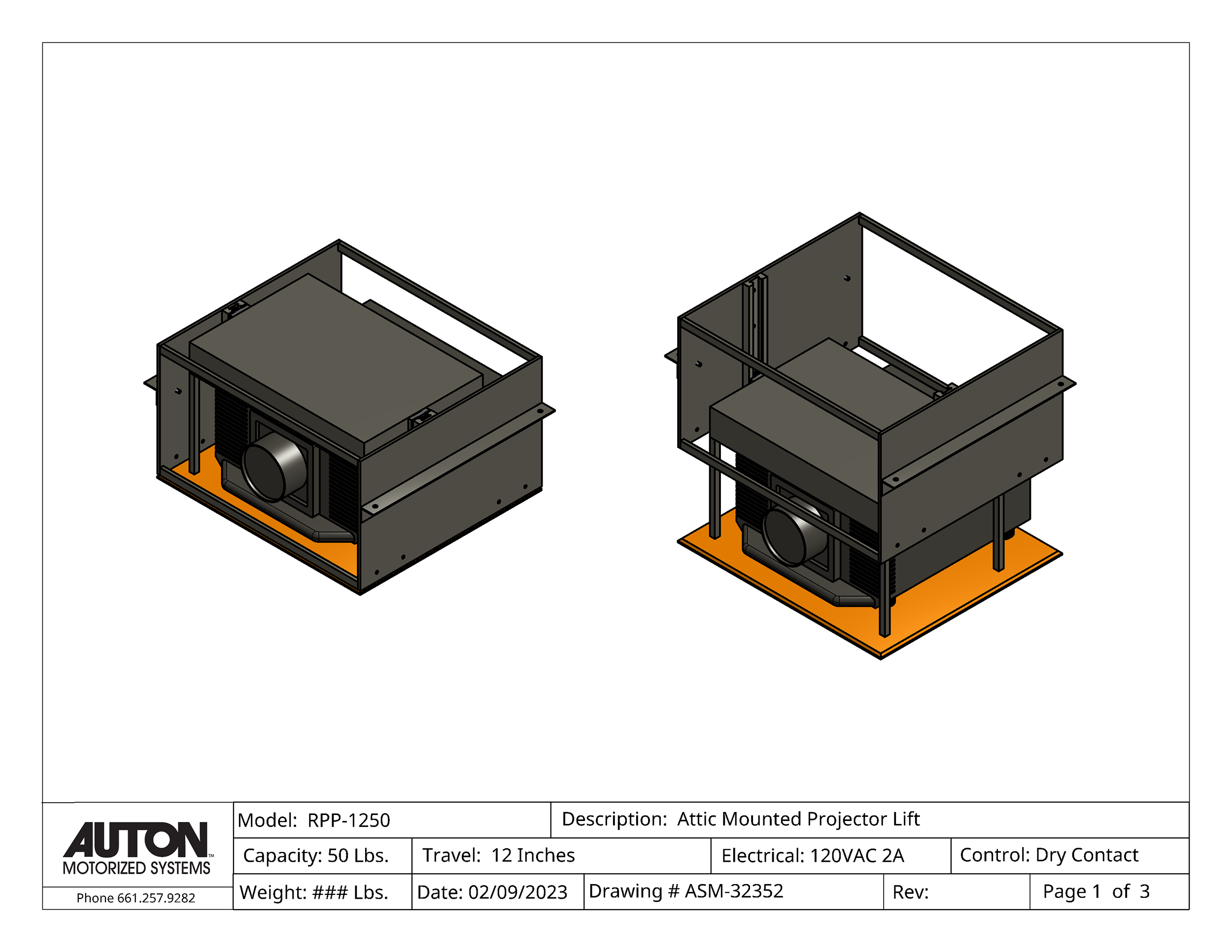 Model RPP-1250  Projector Lift - Cap: 50 lb  Travel: 12