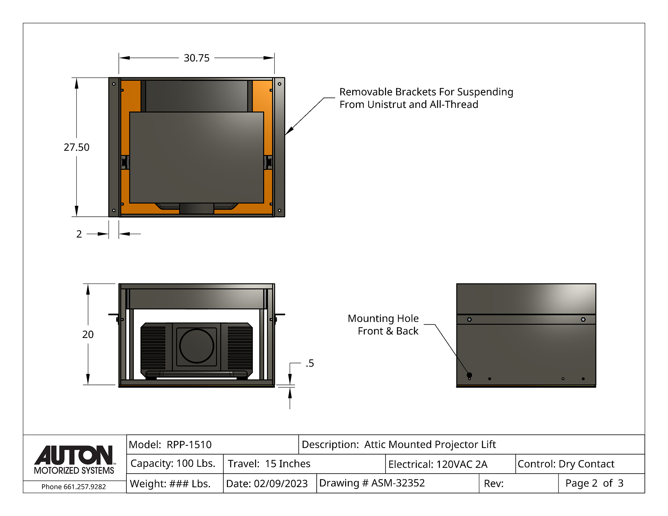 Model RPP-1510  Projector Lift - Capacity 100 lb. - Travel: 15