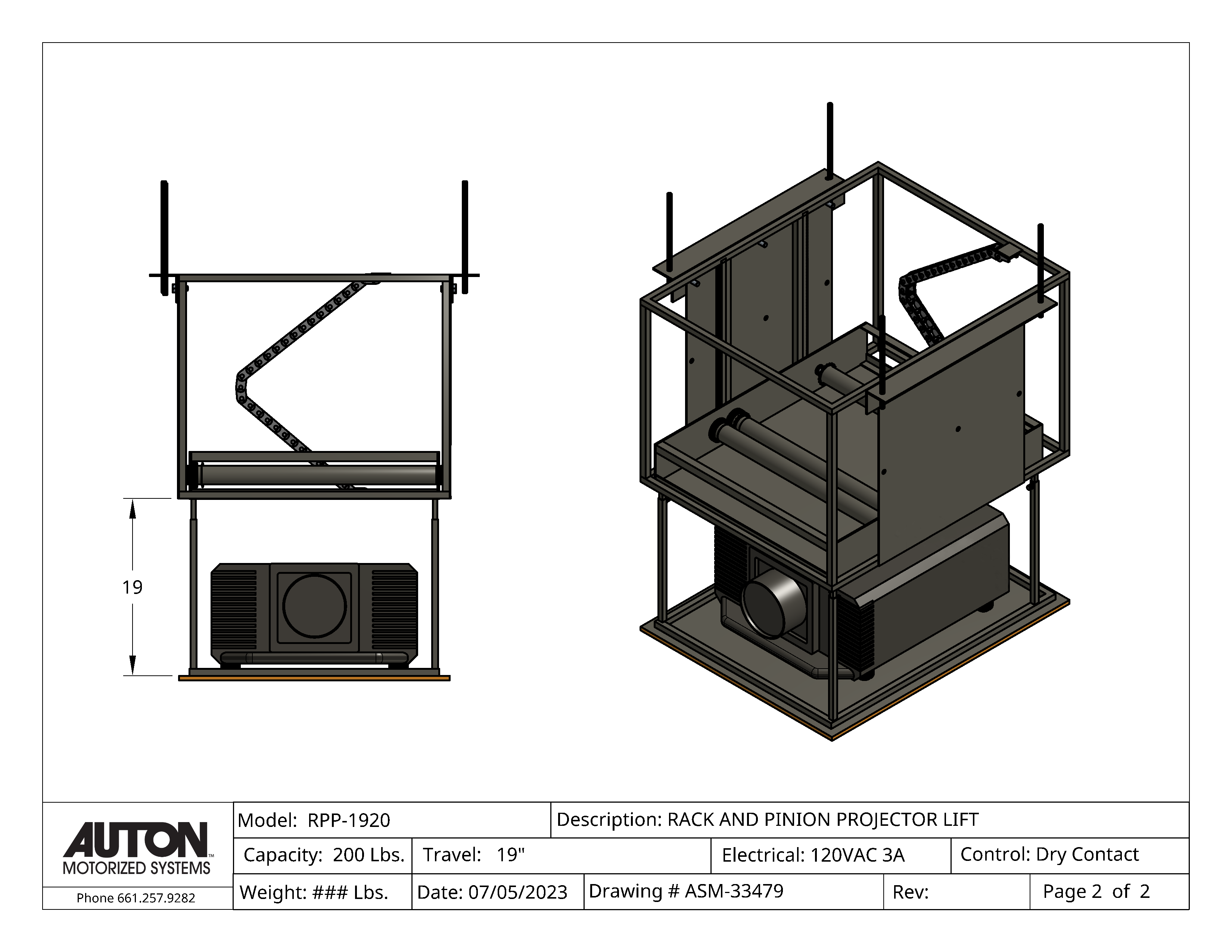 Model RPP-1920  Projector Lift - Cap: 200  Travel: 19