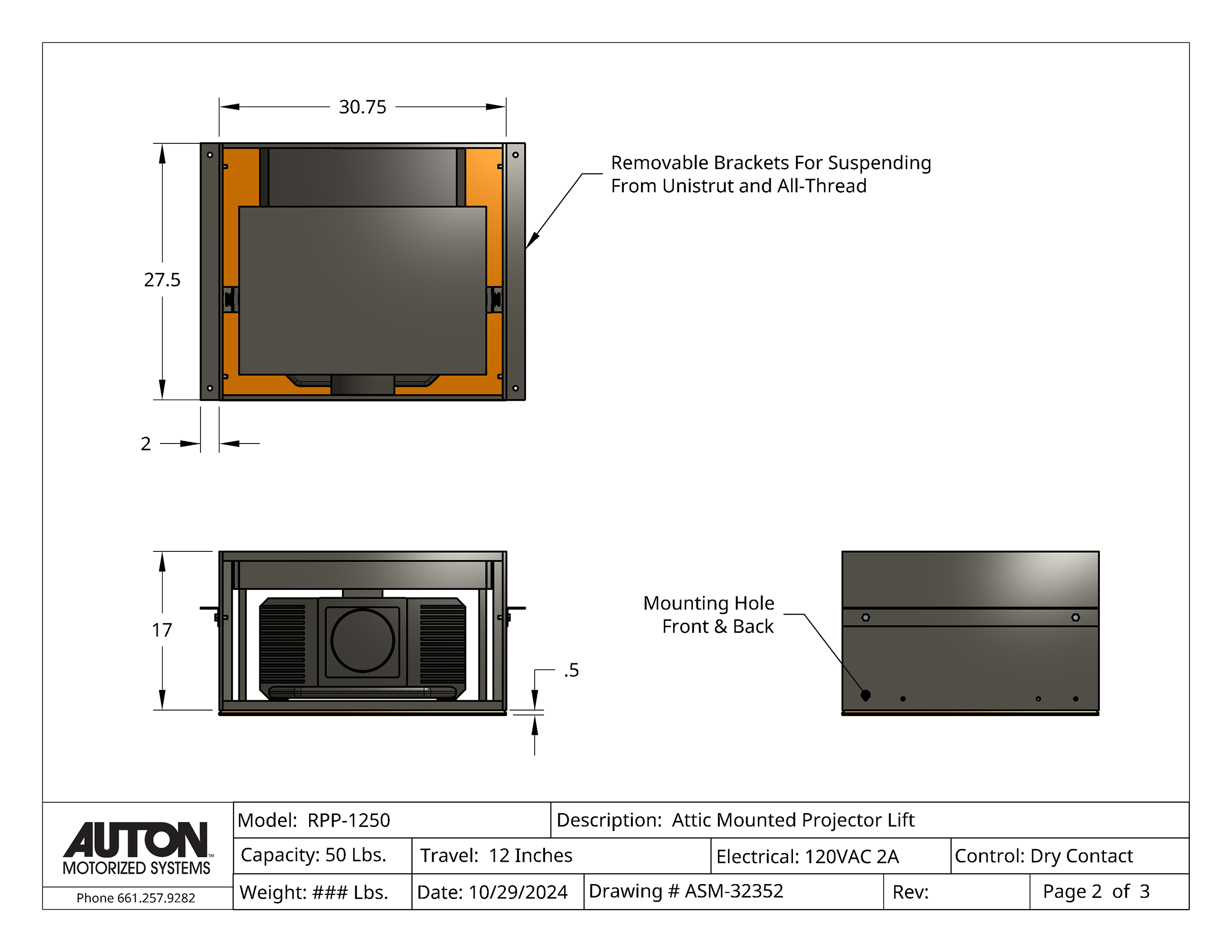 Model RPP-1250  Projector Lift - Cap: 50 lb  Travel: 12