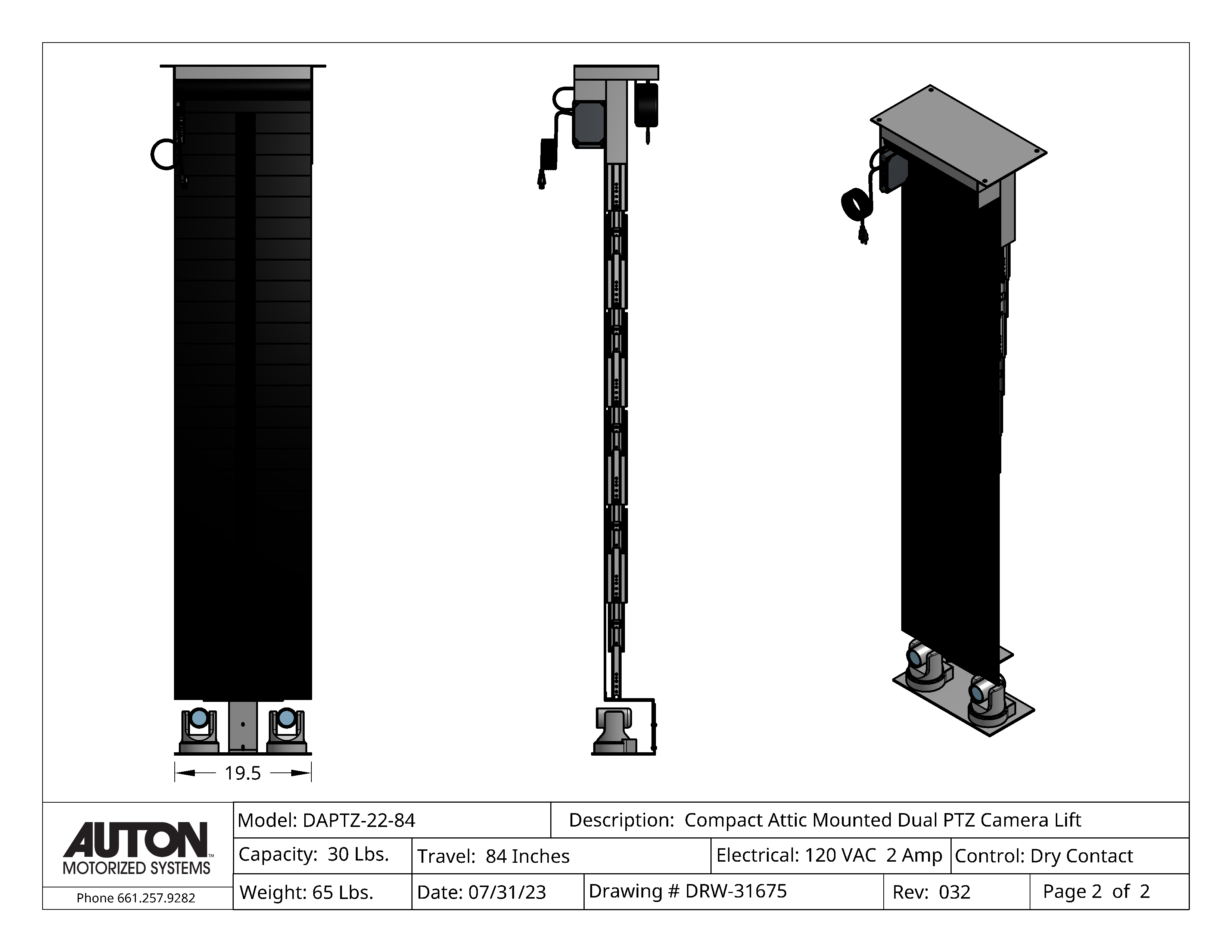 Dual PTZ Camera Lift - Ceiling Mounted  - Travel: 84 Inches - Model DAPTZ-22-84