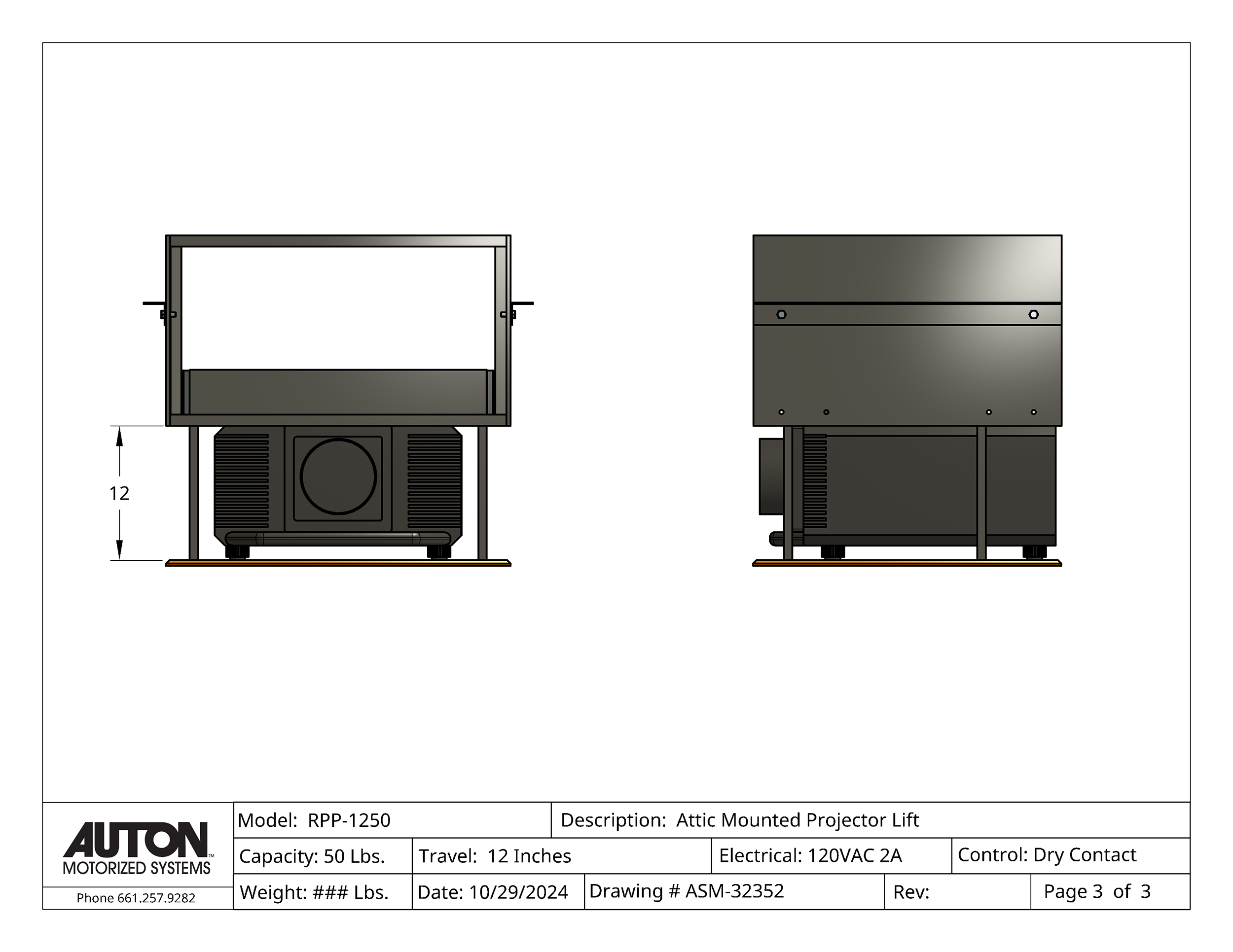 Model RPP-1250  Projector Lift - Cap: 50 lb  Travel: 12