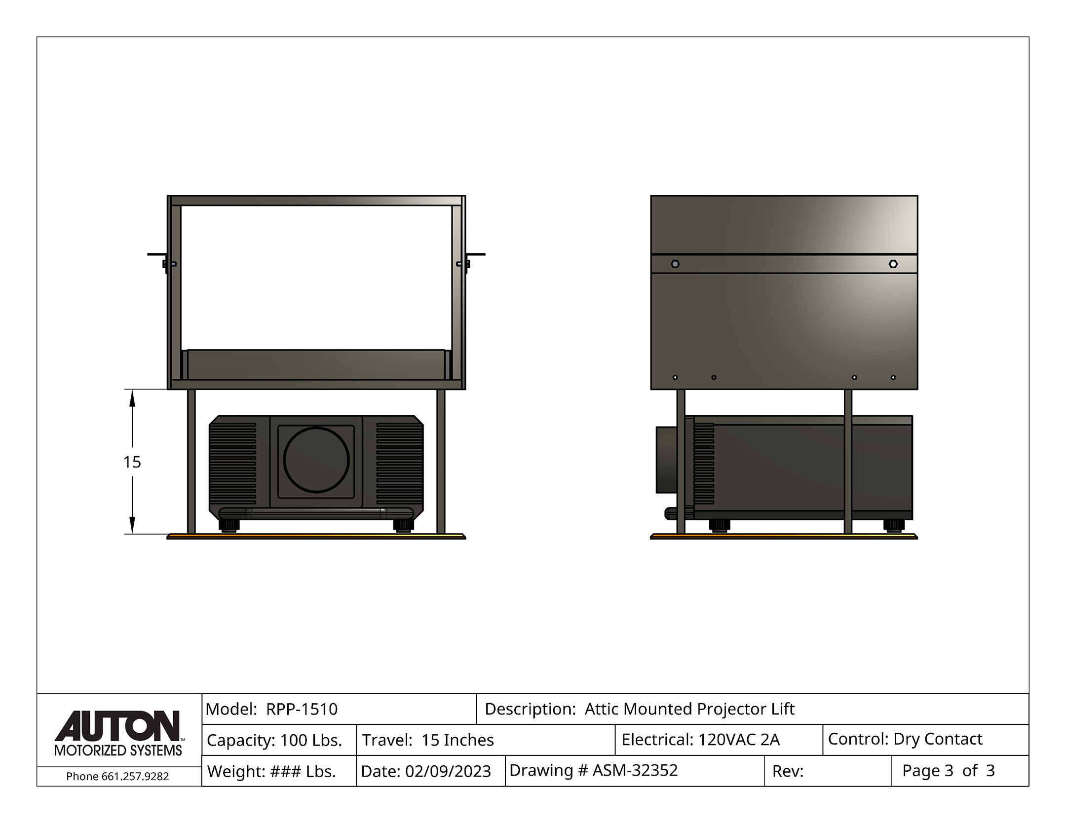 Model RPP-1510  Projector Lift - Capacity 100 lb. - Travel: 15