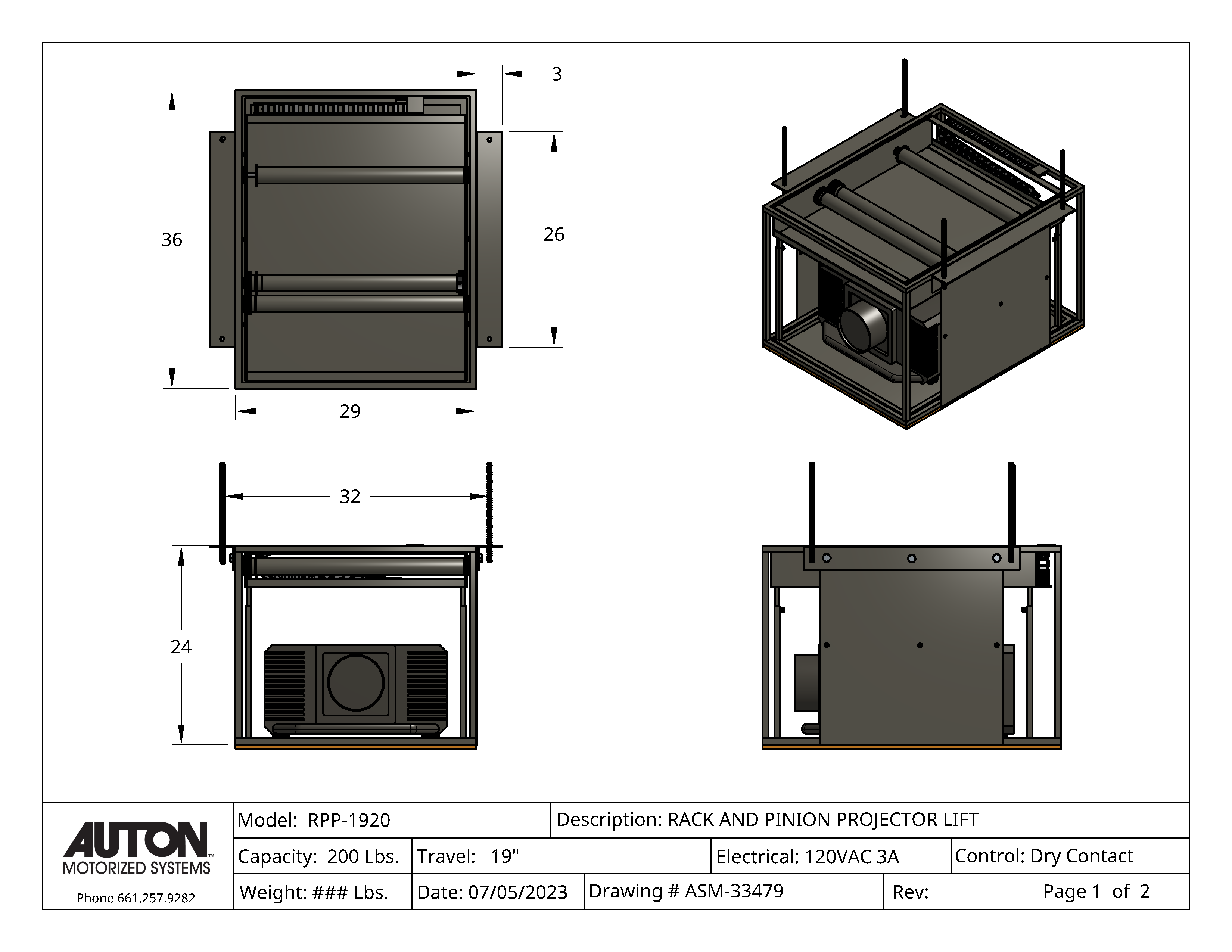 Model RPP-1920  Projector Lift - Cap: 200  Travel: 19